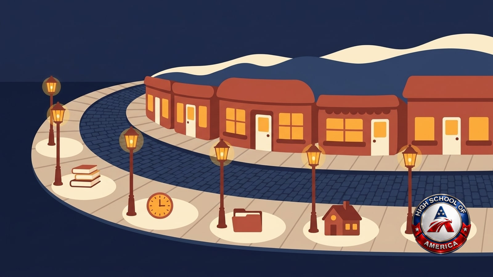 Five lamps along a town avenue, each lighting one line of a State College online homeschool list
