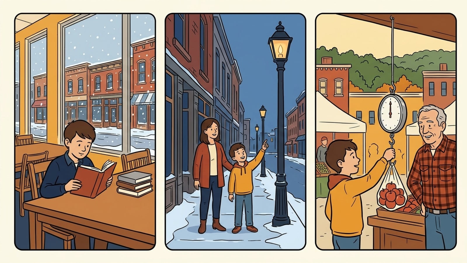 Three-panel comic of a State College online homeschool student: library in the snow, a streetlamp at dusk, apples at the autumn market