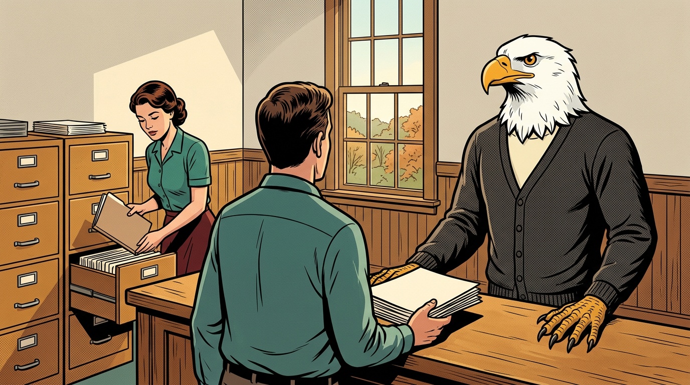 Comic panel: the High School of America eagle stands beside a father at a county education office counter in Tennessee while a clerk files a thick folder straight into a drawer without opening it
