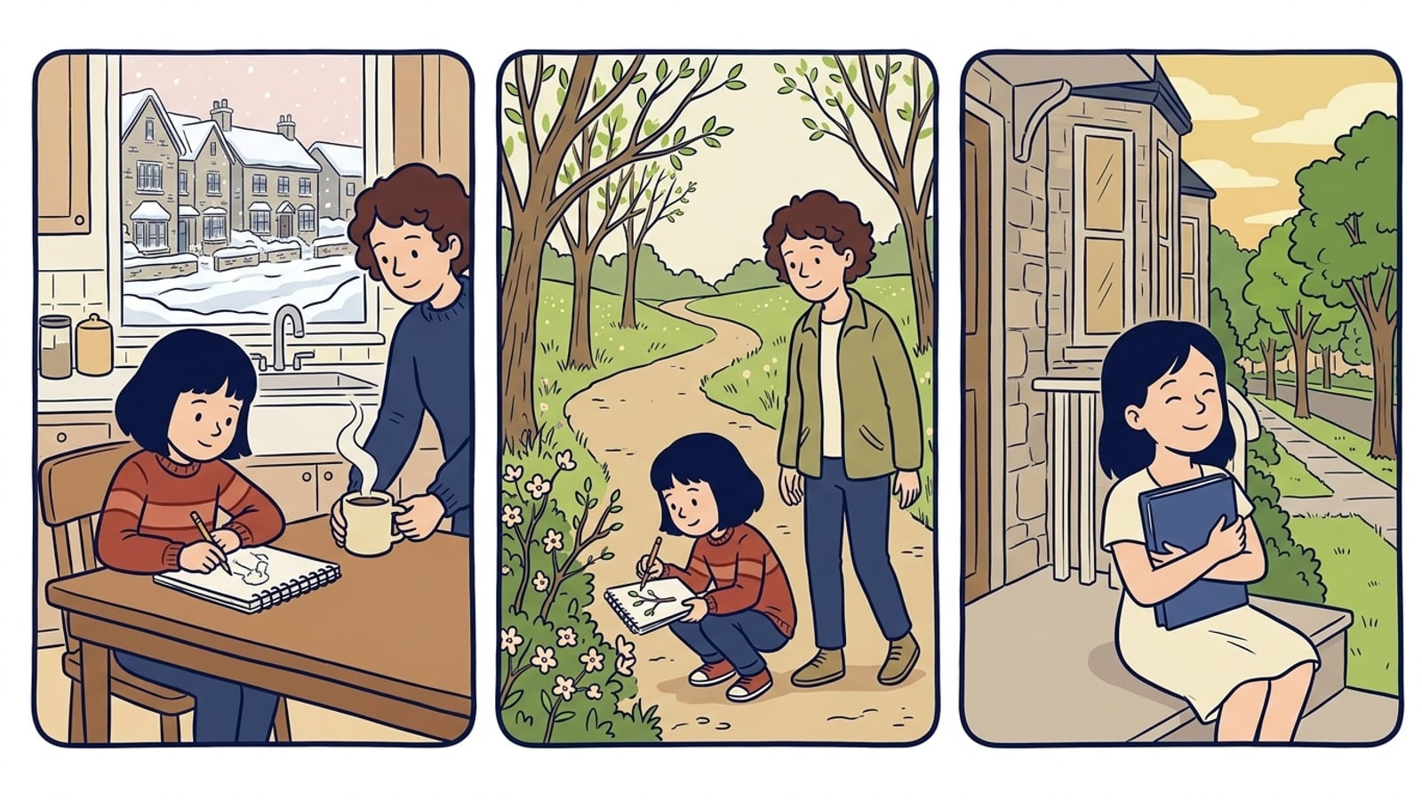 Upper Merion Township online homeschool comic: a third grader starts lessons at a snowy kitchen table, sketches a budding branch on a park trail in spring, and smiles on the porch steps in June