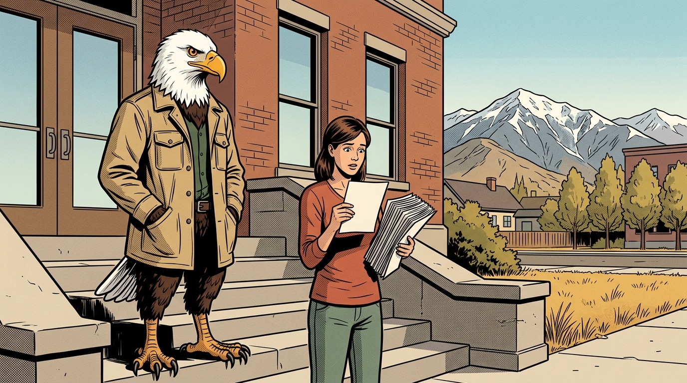 Comic panel: the High School of America eagle stands with a mother on the steps outside a Utah district office as she reads a single short page, a thick unmarked bundle tucked under her other arm, Wasatch mountains behind them