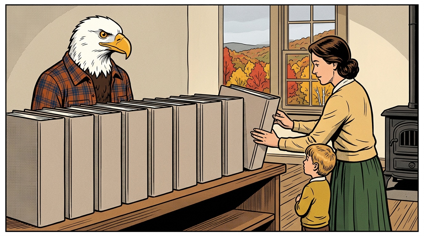 Comic panel: in a Vermont farmhouse room a mother slides this year's plain binder into place at the end of a long row of identical blank binders on a low shelf, her child beside her, autumn hills through the window and the High School of America eagle looking along the row