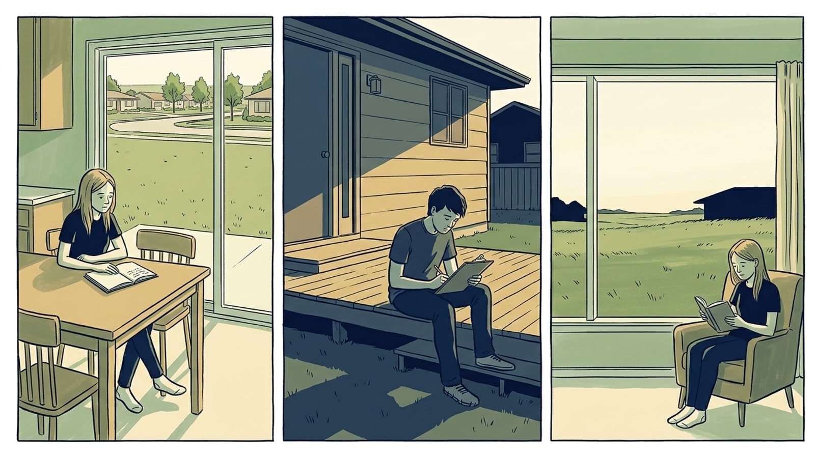 Three panels, one student in each: a girl at a kitchen table by a sliding door, a boy writing on a clipboard on a low deck step, a girl reading in an armchair by a picture window