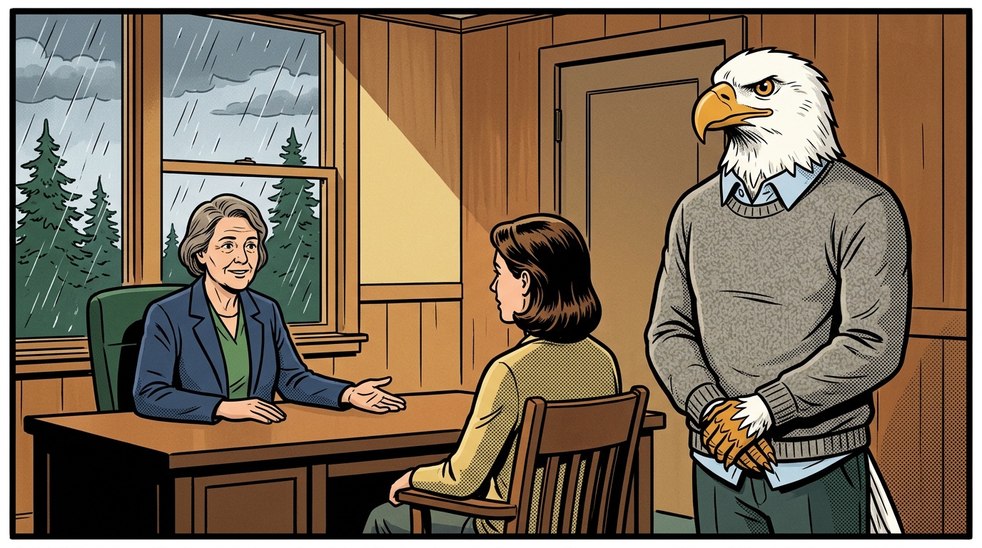 Comic panel: the High School of America eagle stands beside a mother in a district superintendent's office in Washington as the superintendent, seated across the desk, nods yes, rain on the window and evergreens outside