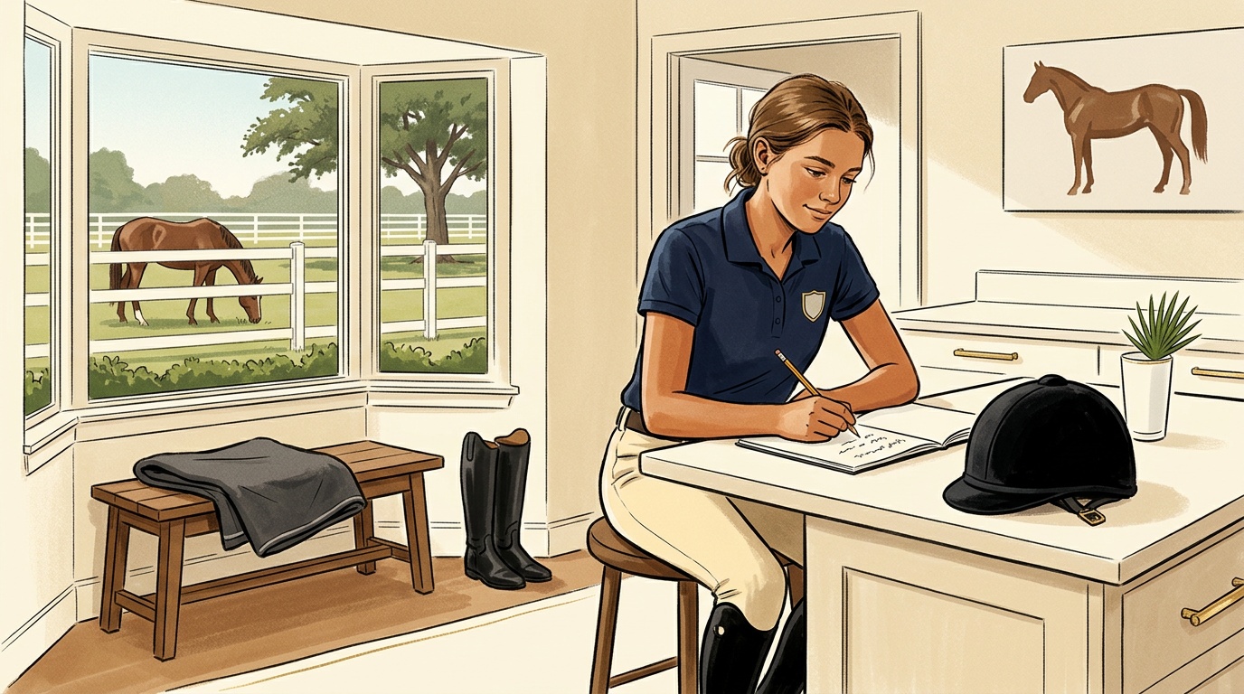 Wellington student-at-home morning with paper notebook on the kitchen island, riding helmet on the counter, paddock visible through the bay window