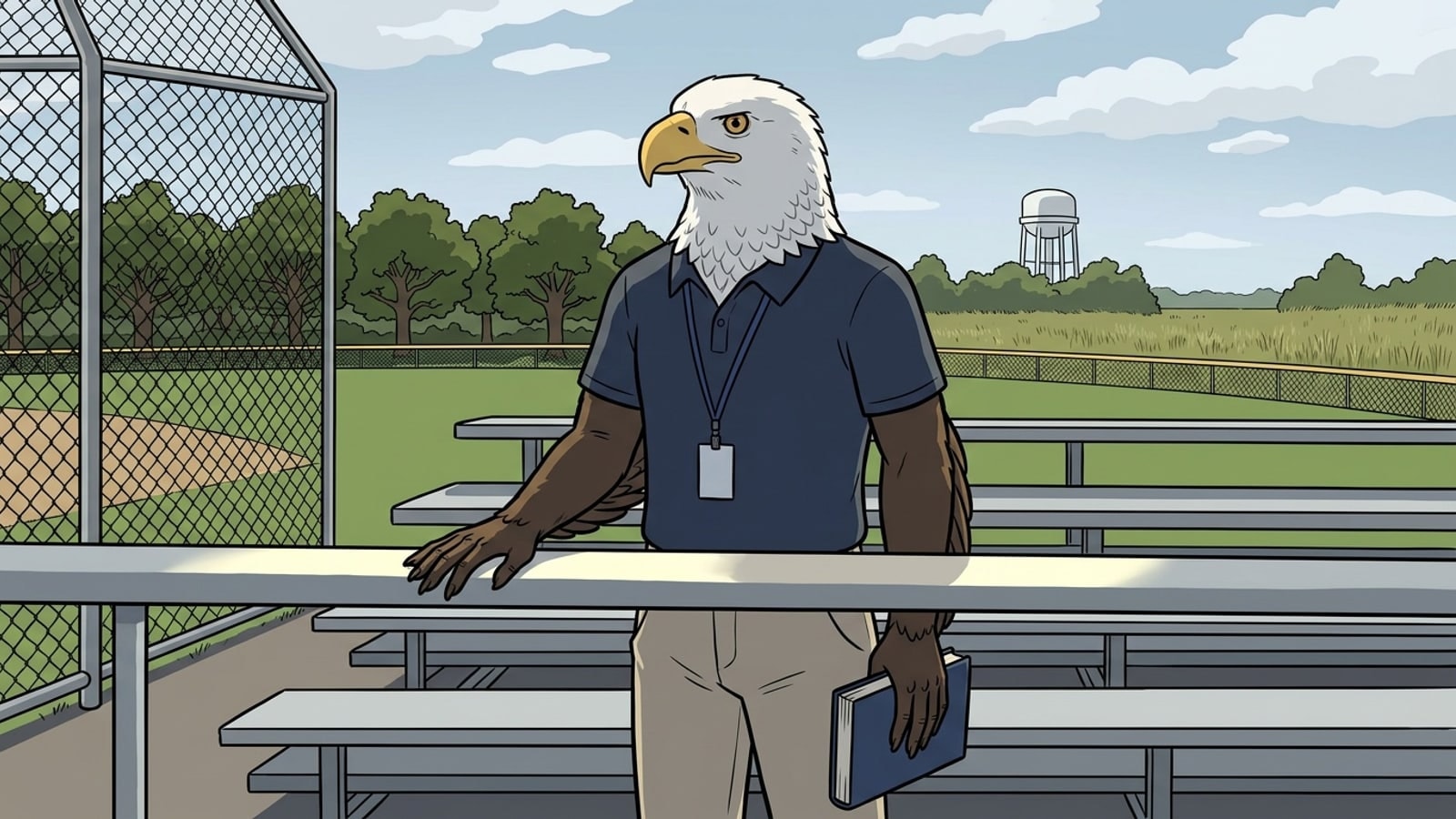 Bald eagle mascot leaning on the ball field rail in West Chicago, online homeschool hero