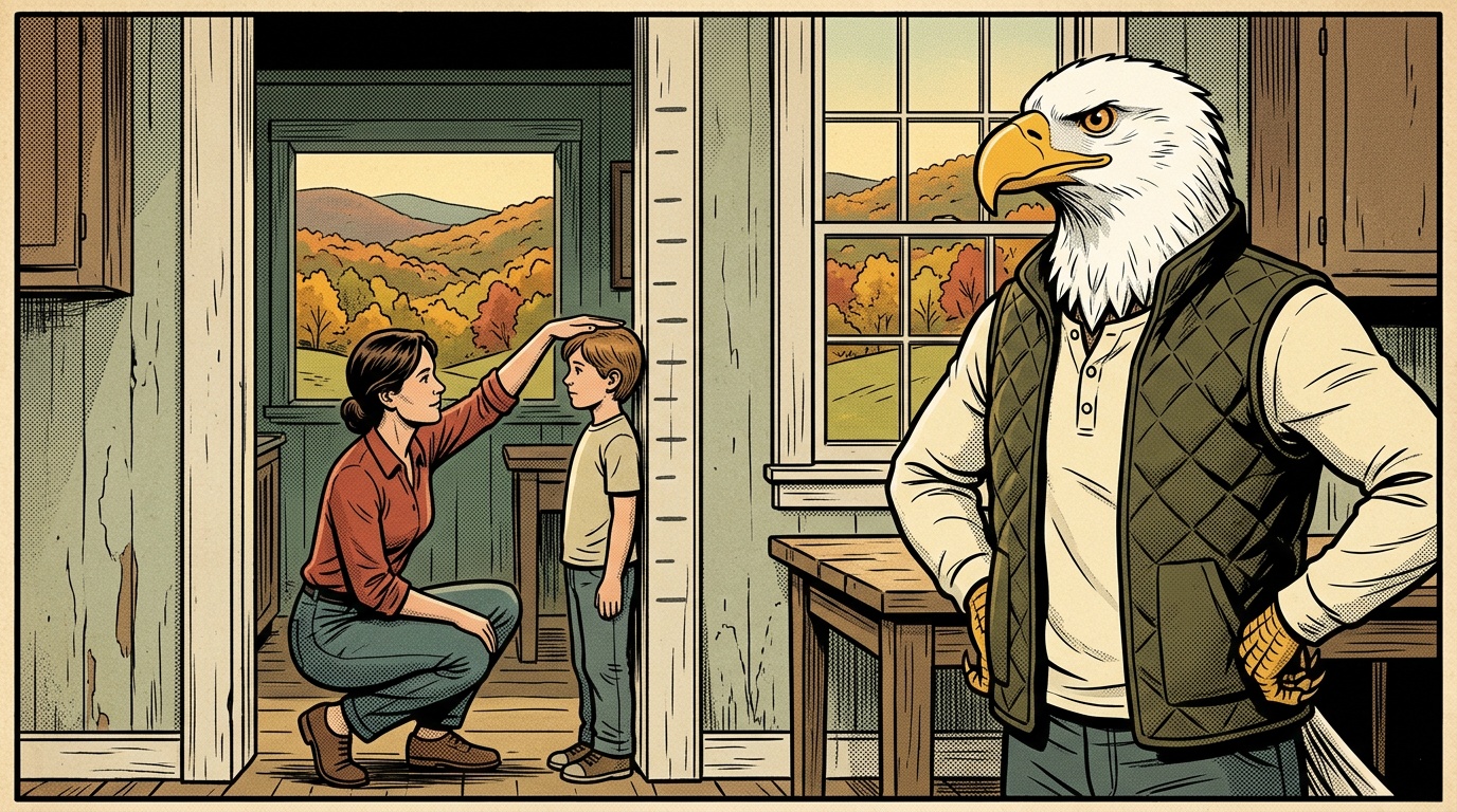 Comic panel: the High School of America eagle stands with a mother and her child at a farmhouse kitchen doorframe in West Virginia, looking at a row of pencil height marks climbing the frame, Appalachian hills through the window