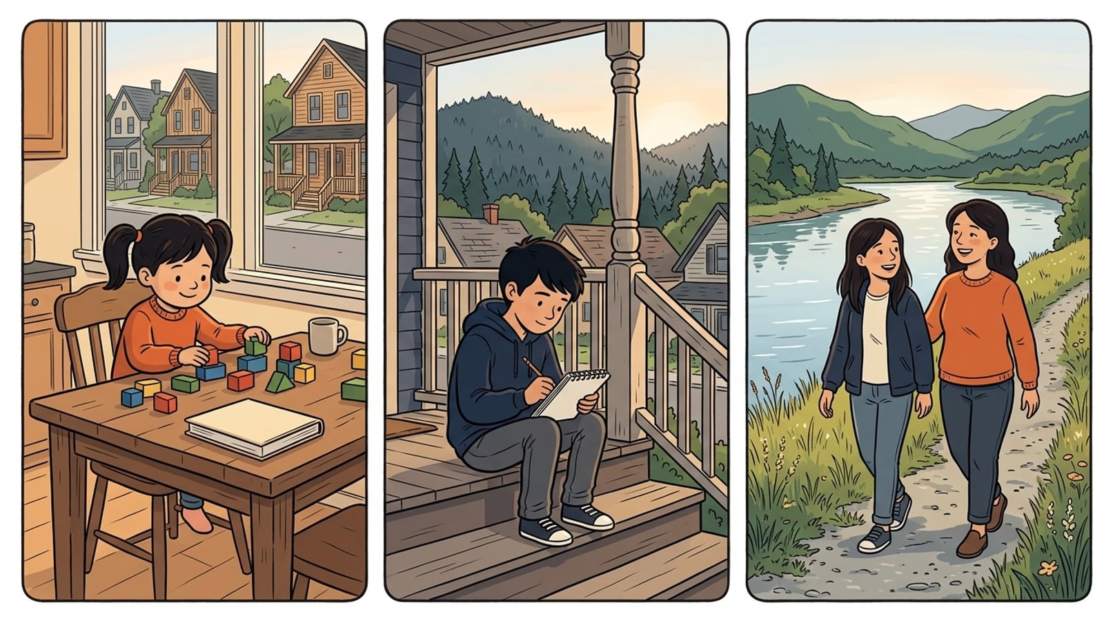 Wilkes-Barre online homeschool comic: a kindergartner sorts blocks at a kitchen table with a porch-lined street outside, a sixth grader writes on front porch steps below wooded ridges, and a teenager walks a river trail with her mother