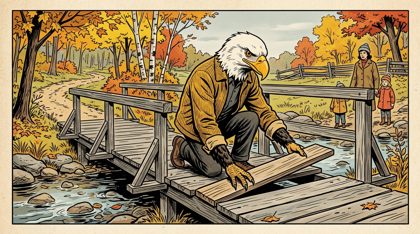 Comic panel: the High School of America eagle kneels at a creek in autumn Wisconsin woods laying the last plank of a small footbridge into place, while a mother and child wait a step back on the near bank