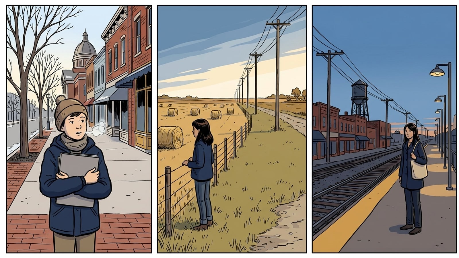 Three panel strip of Woodstock online homeschool students on the town square, at the edge of the farm country and on the rail platform