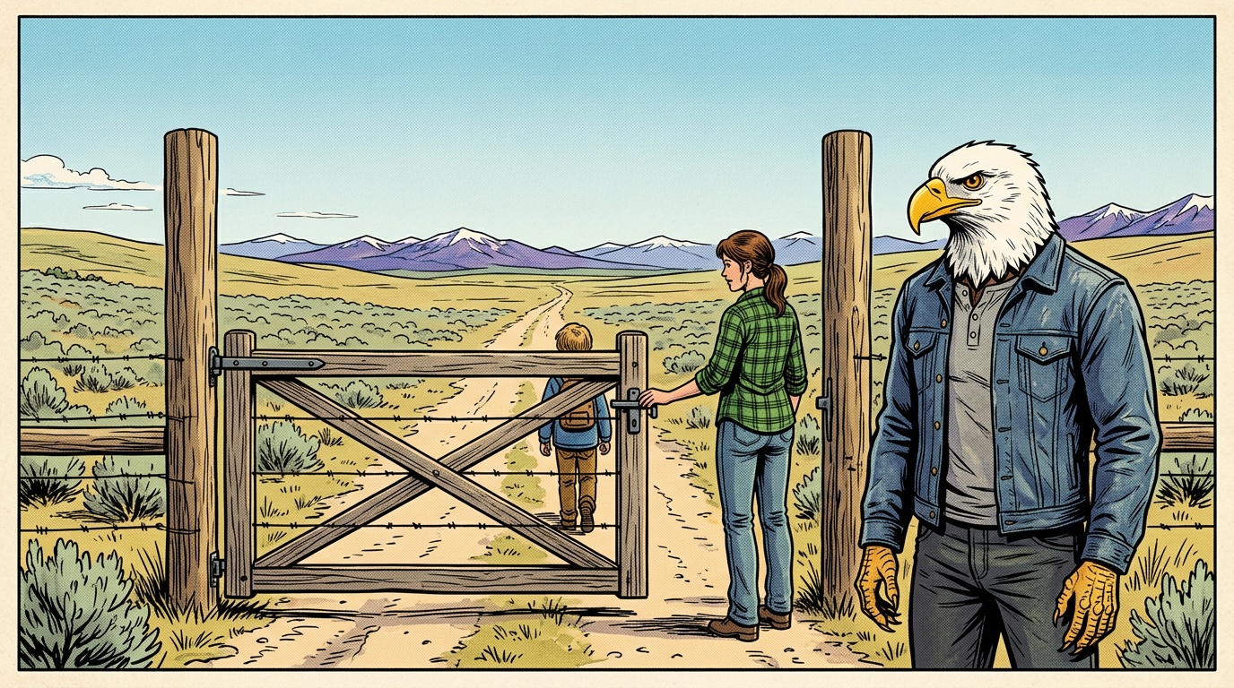 Comic panel: on the Wyoming high plains a mother has just closed and latched a ranch gate behind her, one hand still on the latch, her child a step ahead on the open two-track road, with the High School of America eagle standing by the gatepost watching the latch