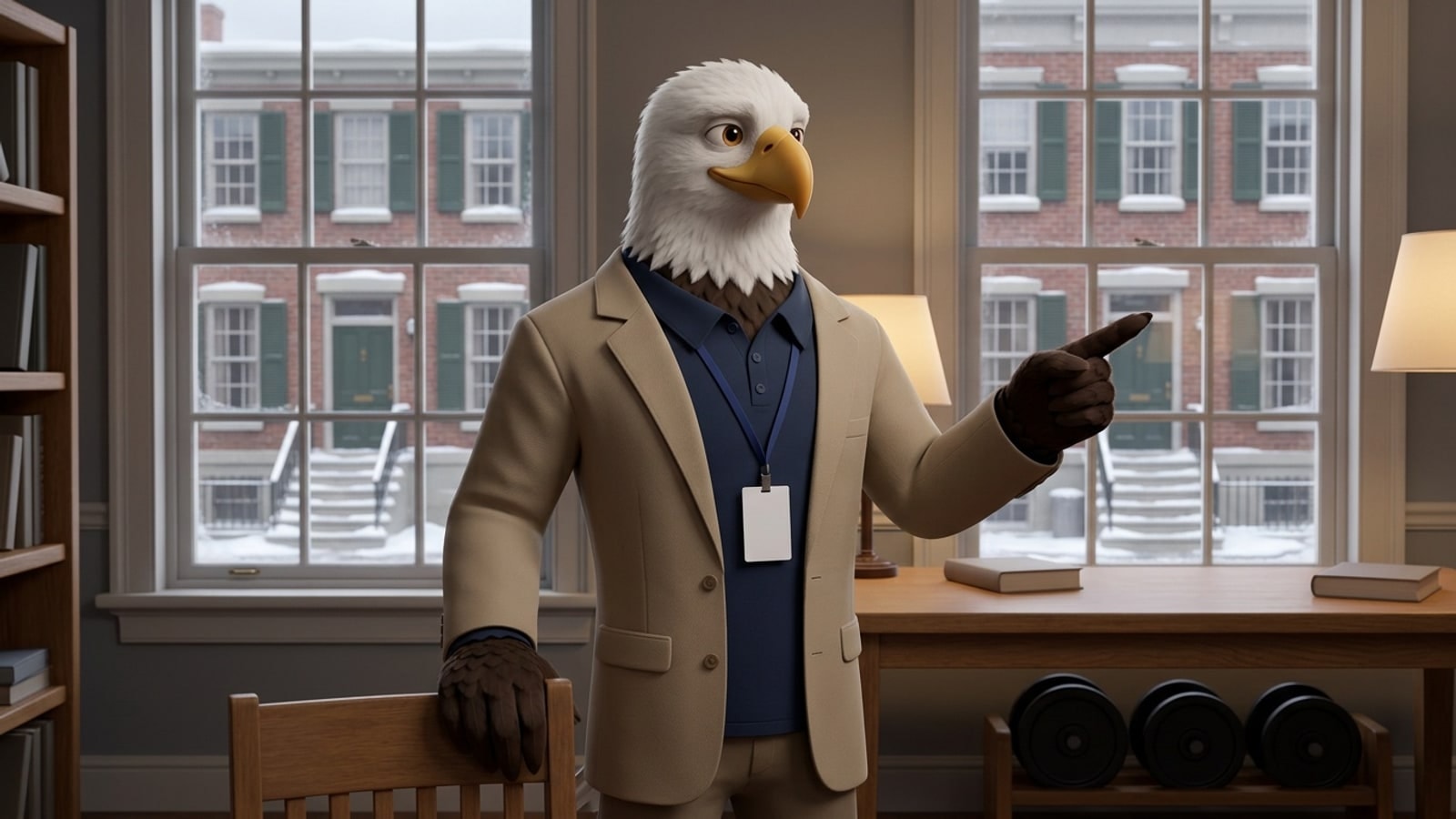 The eagle mascot in a snowy upstairs study, pointing toward a York online homeschool plan, with a rack of iron plates by the wall