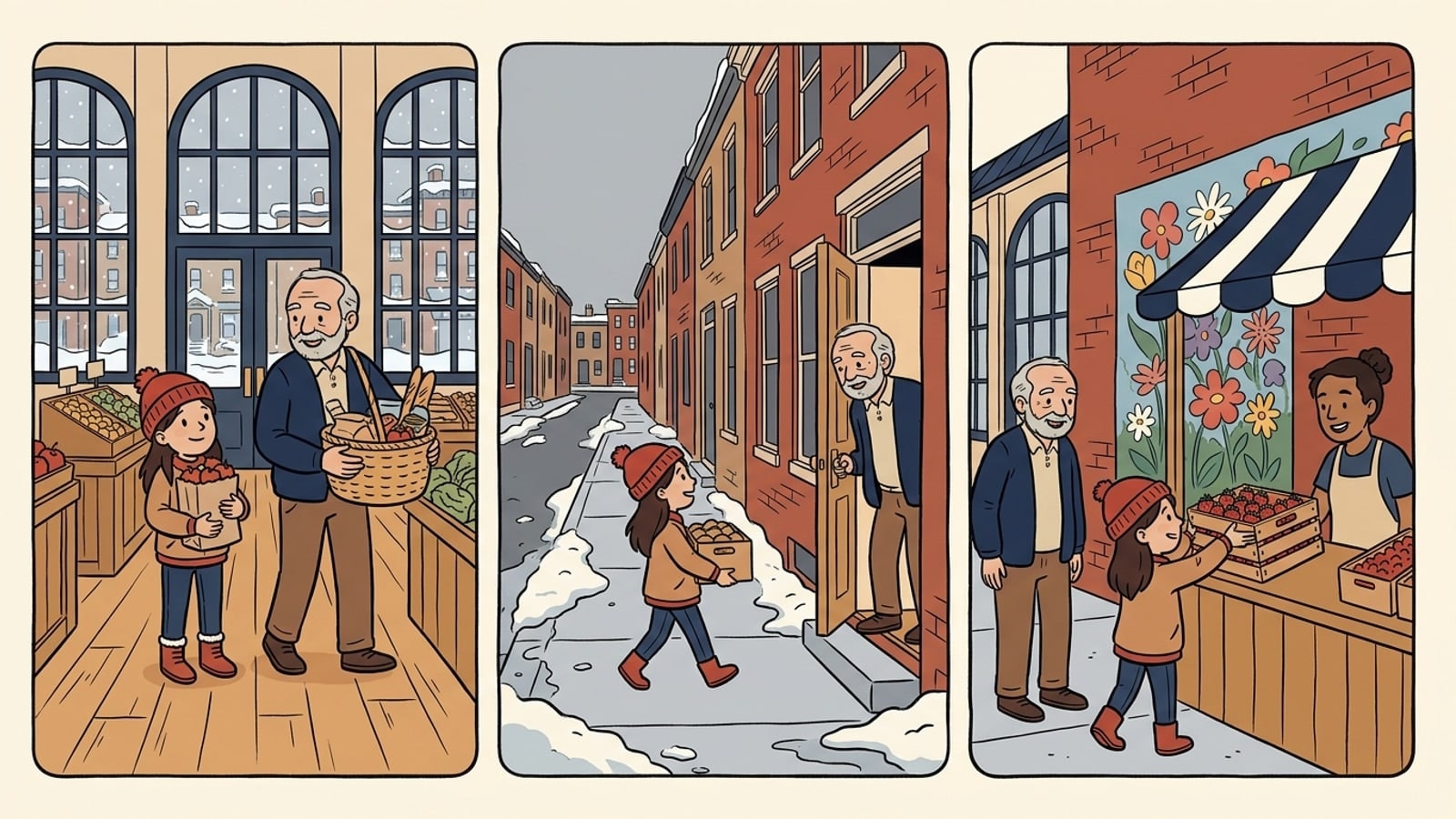 Three-panel comic for York online homeschool families: a girl holds a small bag at a downtown market in winter, carries a small crate on a rowhouse street in March, and lifts a full crate by herself in May