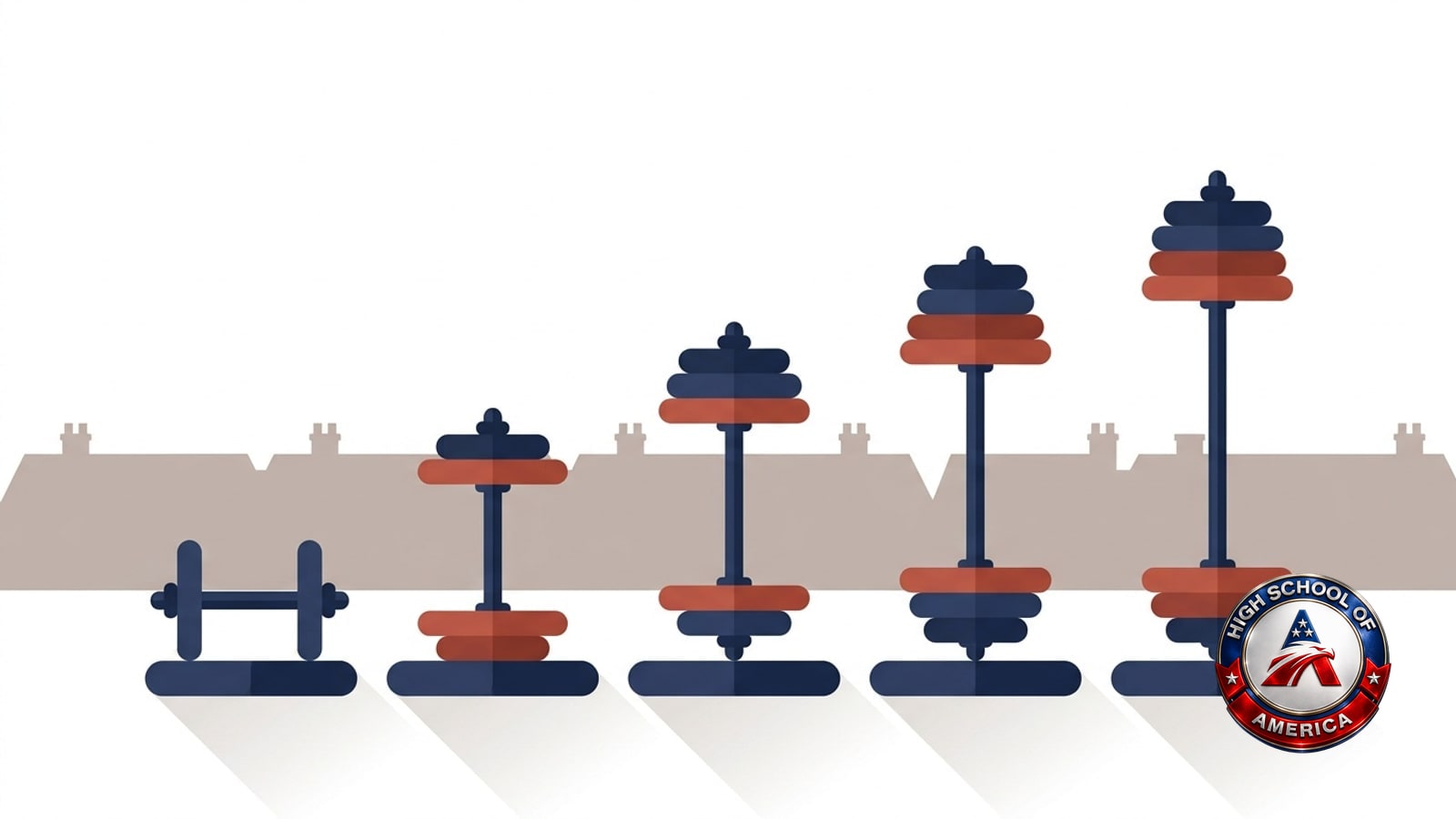 Illustration for York online homeschool families: barbells gaining one small plate at a time above a row of rowhouse rooftops
