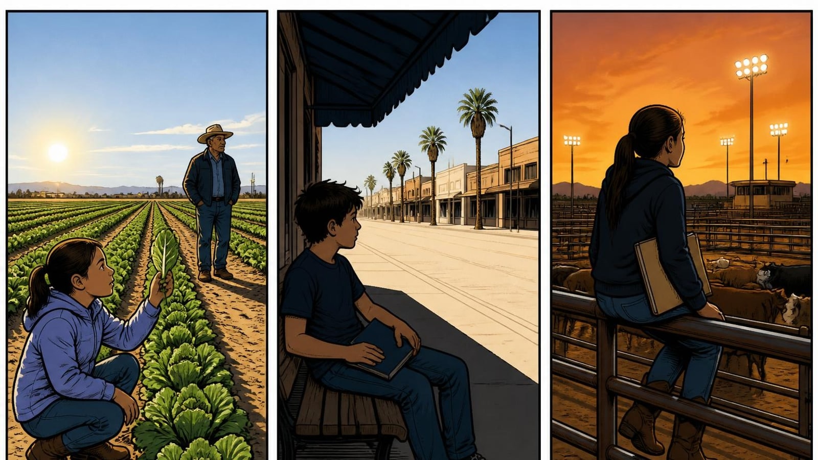 Brawley online homeschool comic of three students at a winter field, a shaded main street bench and a rodeo arena