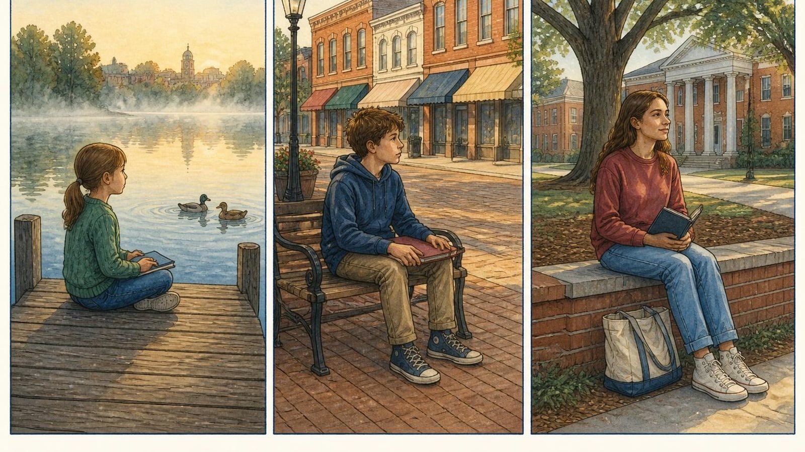 Carrollton online homeschool comic: three students starting the same morning at a lake dock, a downtown square and a college campus