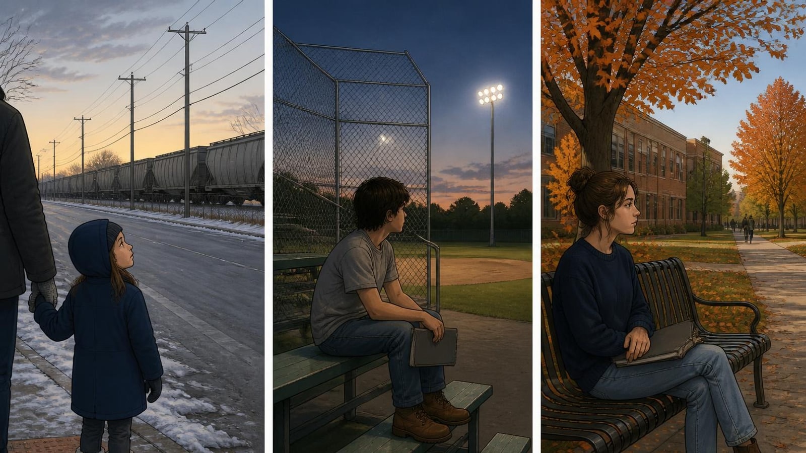 Chicago Heights online homeschool comic: a winter dawn by a freight crossing, a summer evening at a ball diamond, an autumn afternoon on a college lawn