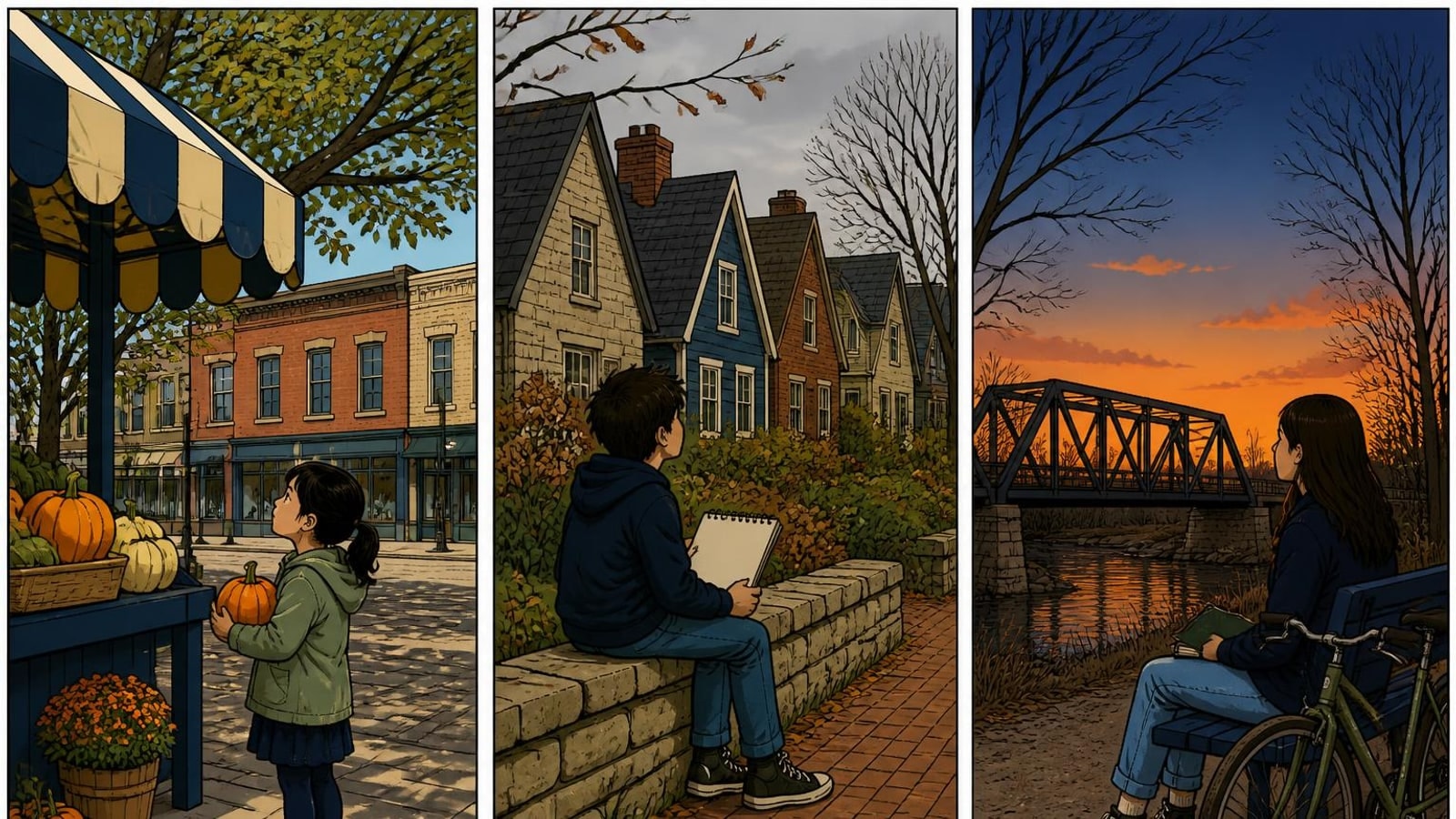 Edwardsville online homeschool comic of three children at three ages around town: a market, a brick street, a rail line bridge