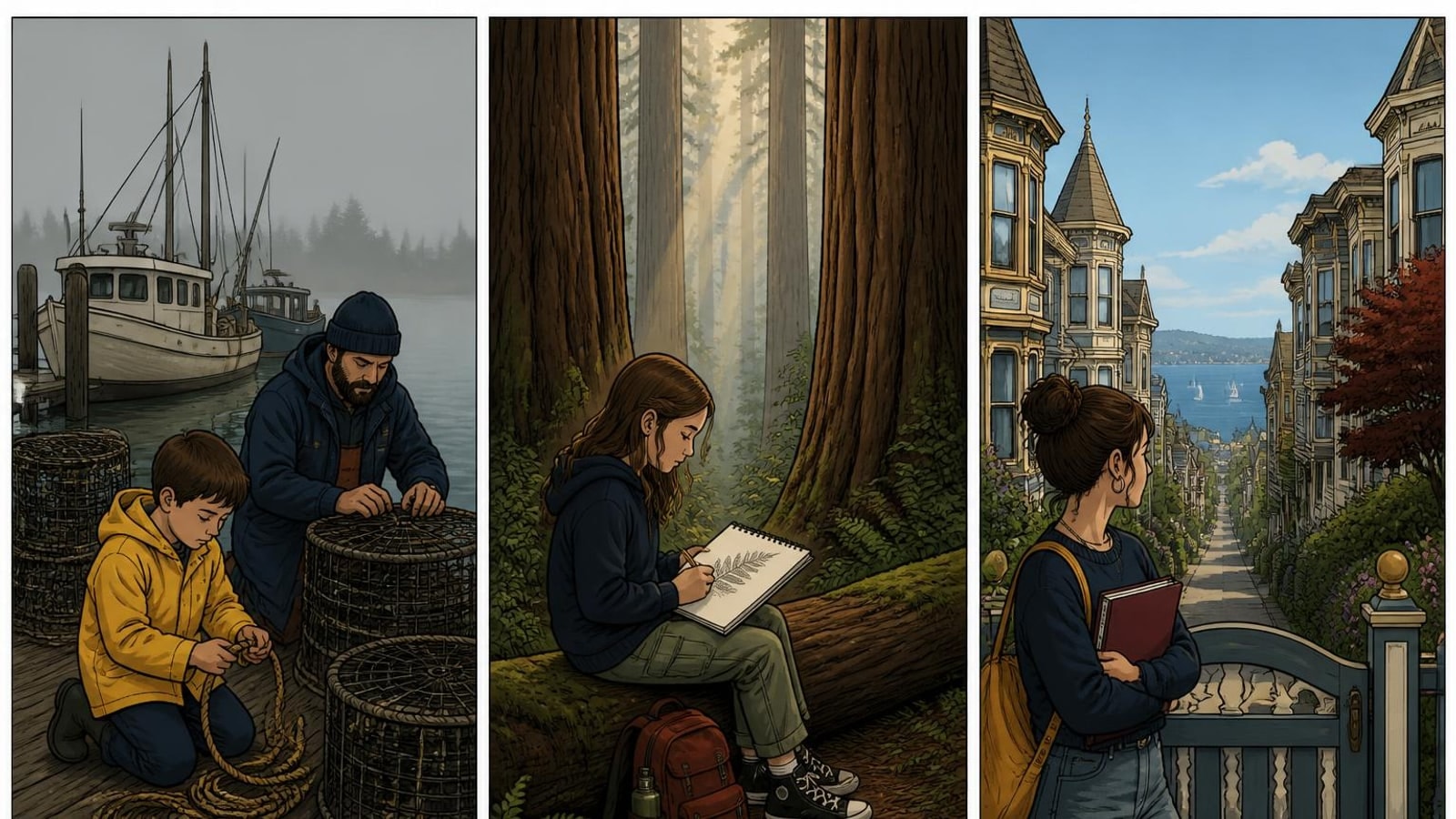 Three panels of students on a dock, among redwoods and on a street of old wooden houses, for Eureka online homeschool families