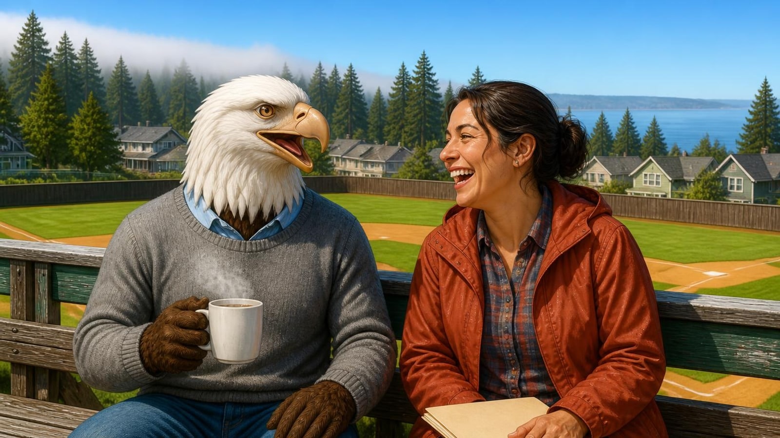 The Eagle, a bald eagle in a grey sweater, laughing with a parent in a ballpark grandstand in Eureka, mascot of an online homeschool
