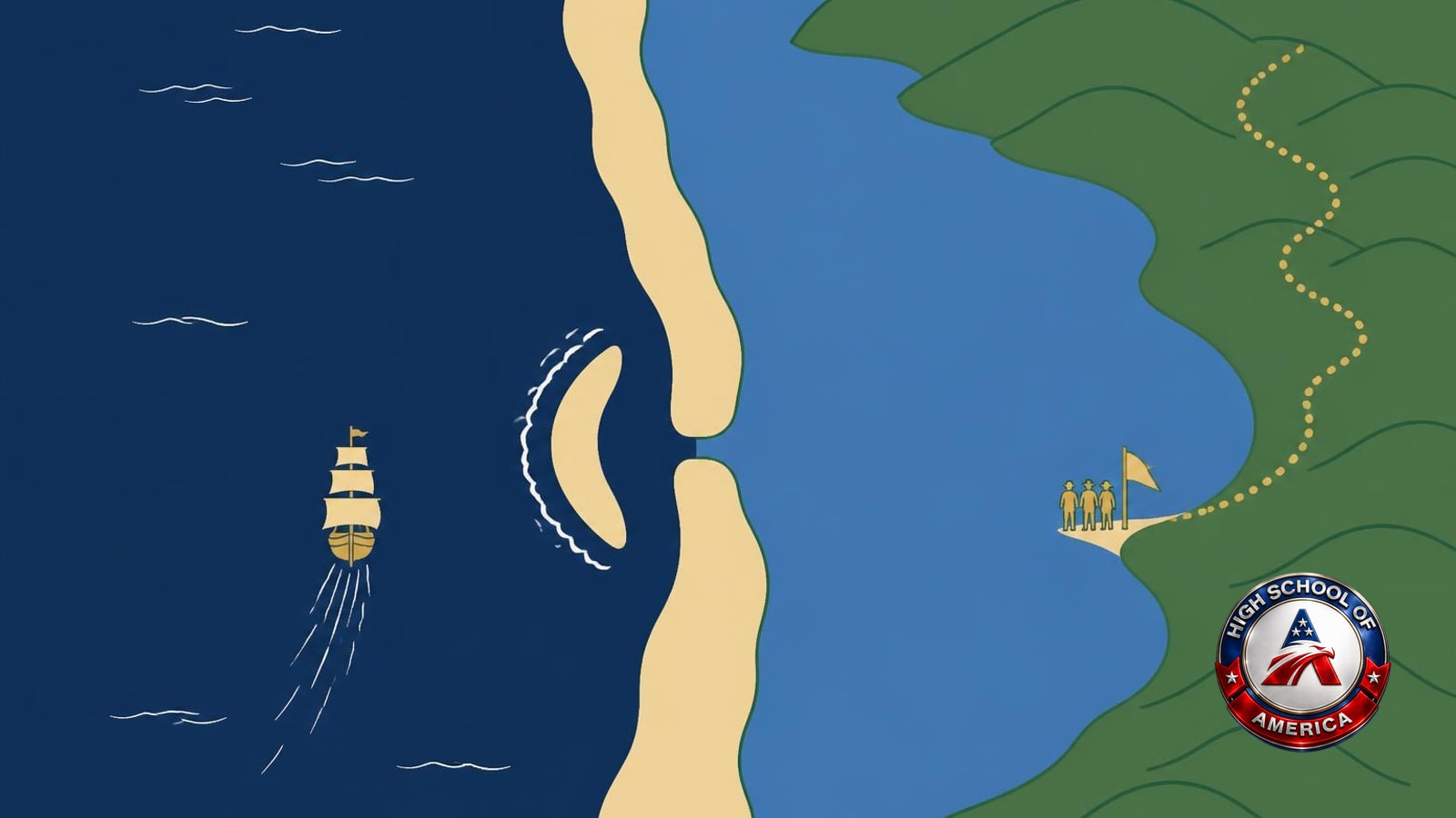 A drawn chart of a hidden bay entrance passed by a ship and reached by a footpath, for Eureka online homeschool families