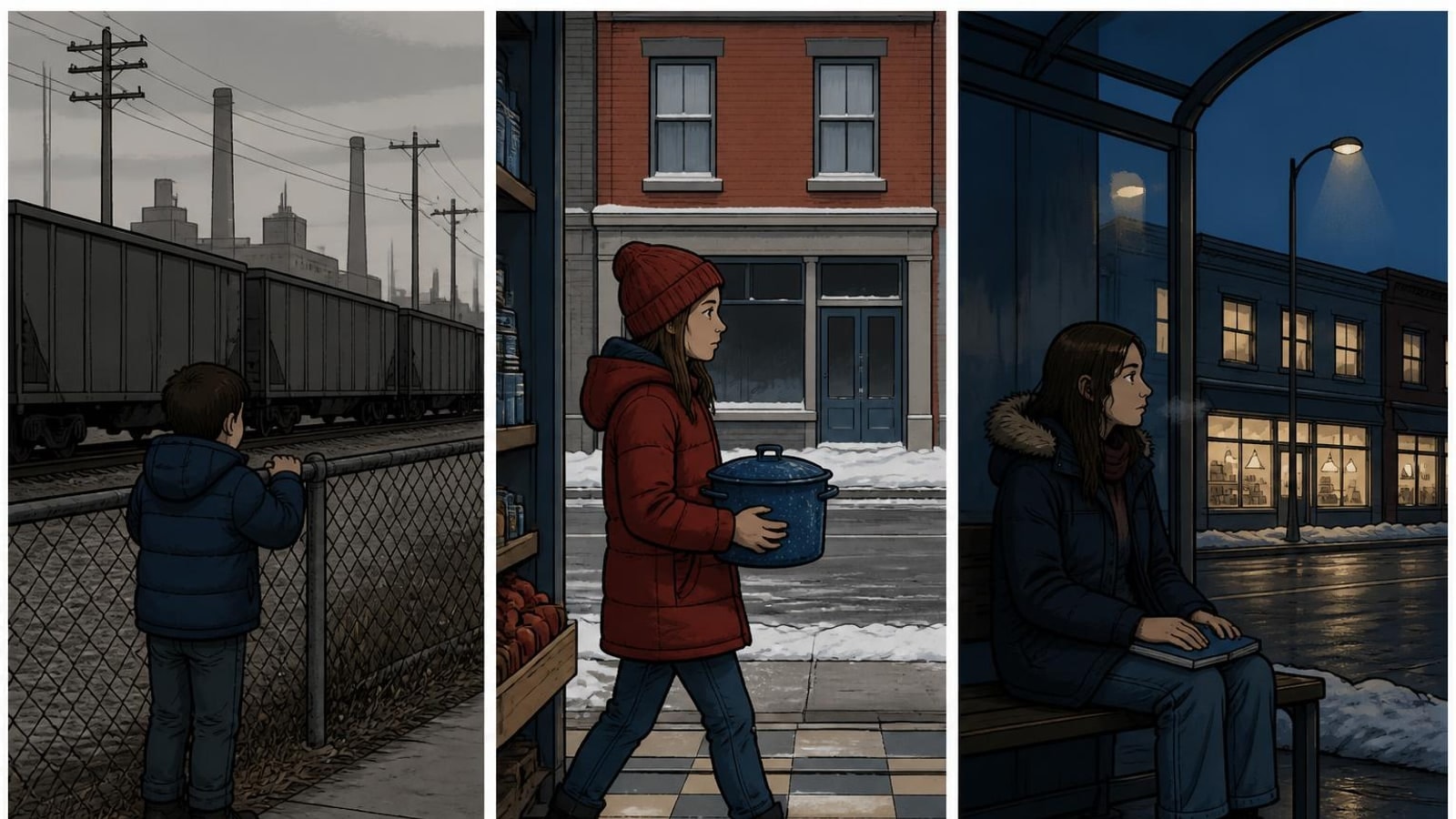 Three-panel comic of a week in Granite City for online homeschool students: a rail siding at dawn, a corner market at midday, a bus shelter at dusk