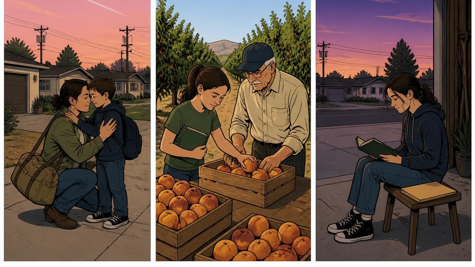 Three panels of family life in Lemoore, a deployment goodbye, a fruit stand and an evening of reading, for online homeschool families