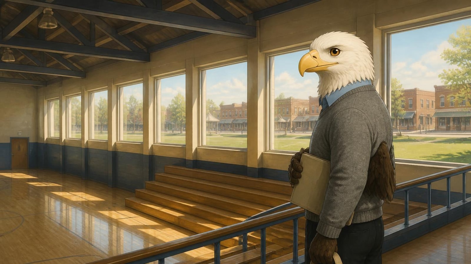The High School of America eagle in profile on a fieldhouse concourse, for New Lenox online homeschool families