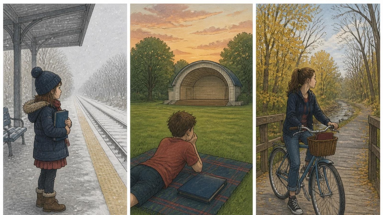Three panels of New Lenox online homeschool life: a winter rail platform, a summer evening on the green, an autumn creek bridge