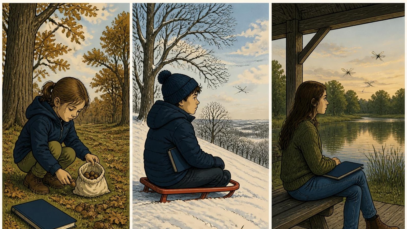Oak Forest online homeschool comic: three students in the forest preserve in autumn, winter and spring