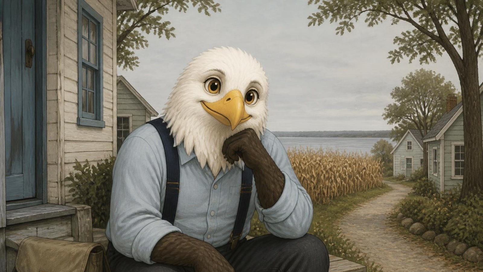 Round Lake Beach online homeschool eagle, in a rolled-sleeve shirt and suspenders, thinking on the step of a small lake cottage