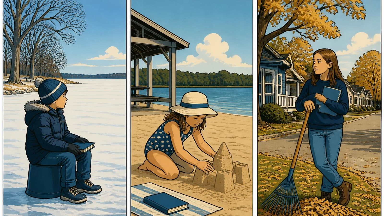 Round Lake Beach online homeschool comic of three students by the lake in winter, summer and fall