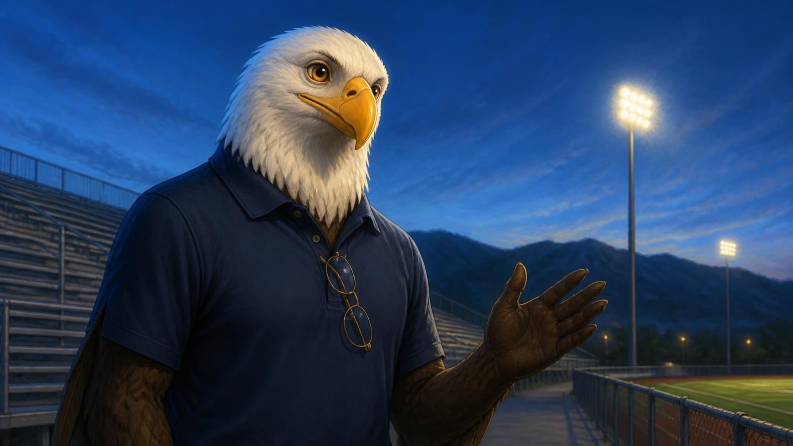 The High School of America eagle at a valley high school stadium at dusk, for Sanger online homeschool families