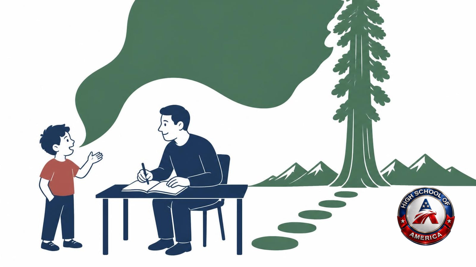 Illustration of a child speaking and an adult writing it down, the idea behind Sanger online homeschool placement