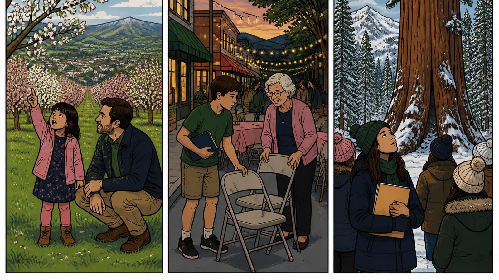 Three-panel comic of Sanger online homeschool students: an orchard in blossom, a summer street gathering, and a December trek to a sequoia grove