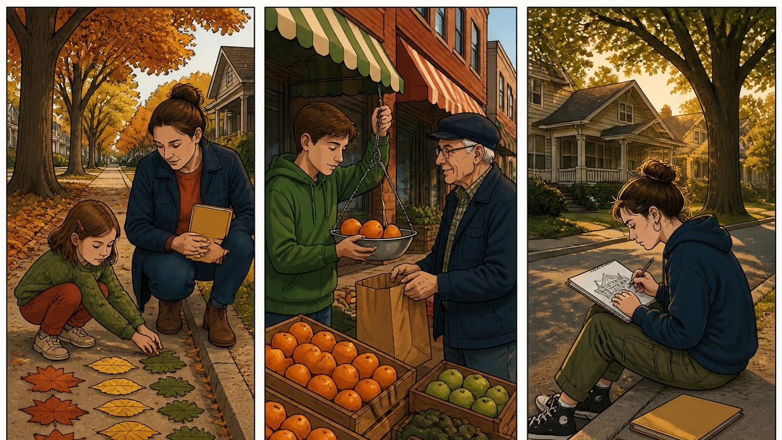 Three-panel comic of children learning on tree-lined streets and at a market, South Pasadena online homeschool life