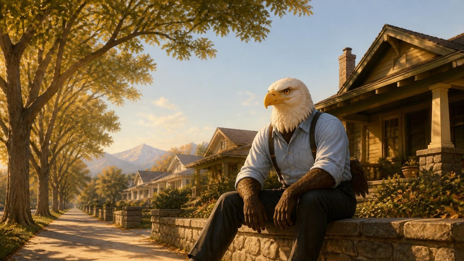 The eagle sitting on a low garden wall on a tree-lined bungalow street, for South Pasadena online homeschool families