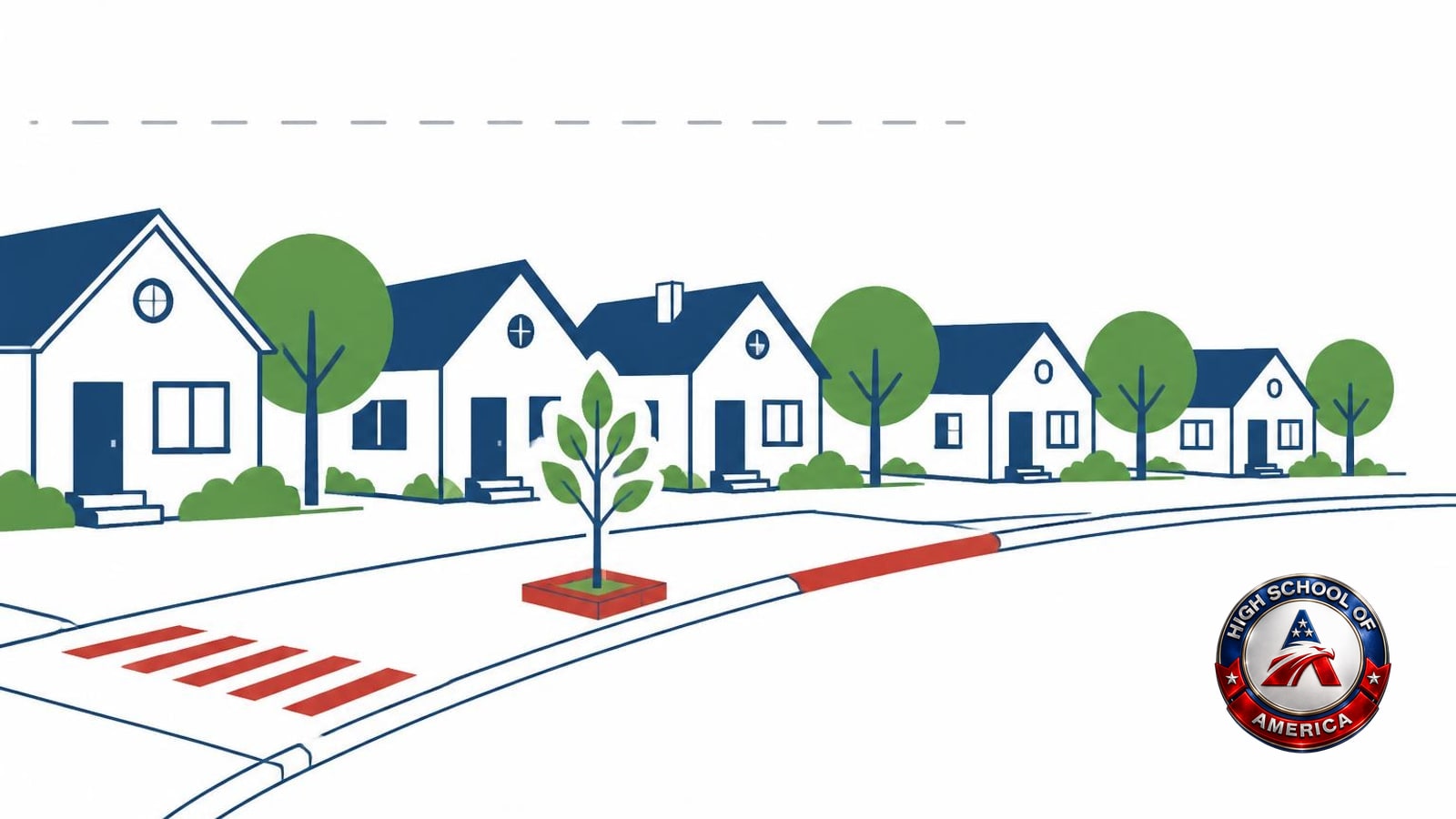 Illustration of a tree-lined street kept intact with small improvements, the South Pasadena online homeschool approach to placement