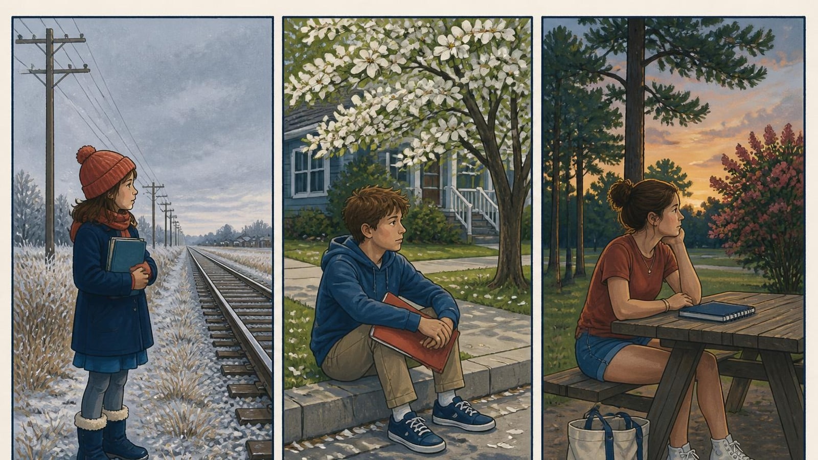 Three-panel comic of Union City online homeschool students through winter, spring and summer in their own town